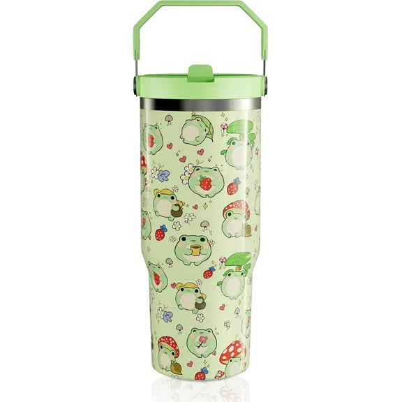 30oz Insulated Leak Proof Tumbler with Handle & Flip Straw Lid, Stainless Steel Travel Mug - Green