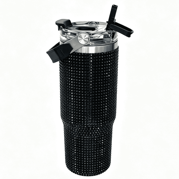 30oz Insulated Stainless Steel Tumbler, Diamond Finish Water Bottle with Straw, Leakproof Travel Cup