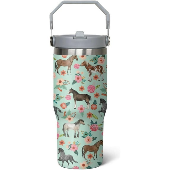30oz Insulated Stainless Steel Tumbler with Handle & Flip Straw Lid, Cute Floral Horse Design, Leakproof Travel Mug, Water Bottle Coffee Cup - Perfect Gift for Women, Girls, Horse Lovers