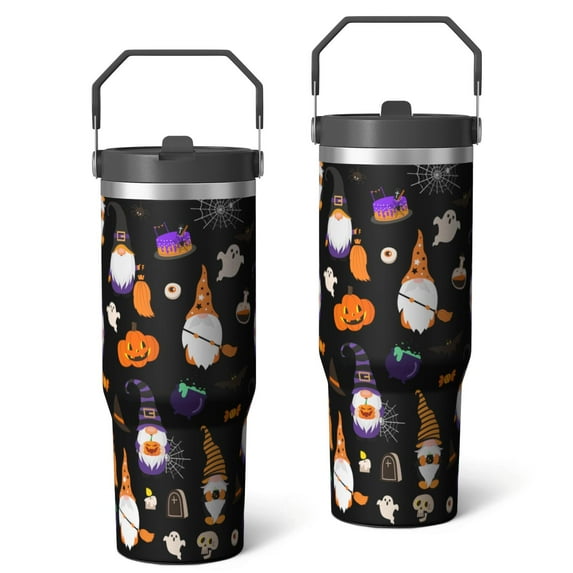 30oz Insulated Stainless Steel Tumbler for Halloween - Flip Straw, Top Handle, Keeps Drinks Hot/Cold 12H, Goth Ghost Design Holiday Gift