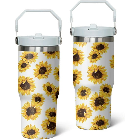 30oz Insulated Sunflower Tumbler with Handle, Featuring a Leak-proof 2-in-1 Lid and Straw, a Vacuum-insulated Travel Coffee Mug, Portable Stainless Steel Water Bottle, Suitable for Both Women and Men
