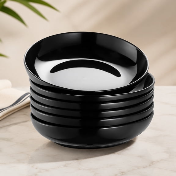30oz Large Porcelain Pasta Bowls Set of 6, Shallow Soup and Salad Serving Bowls, Microwave & Dishwasher Safe, Black