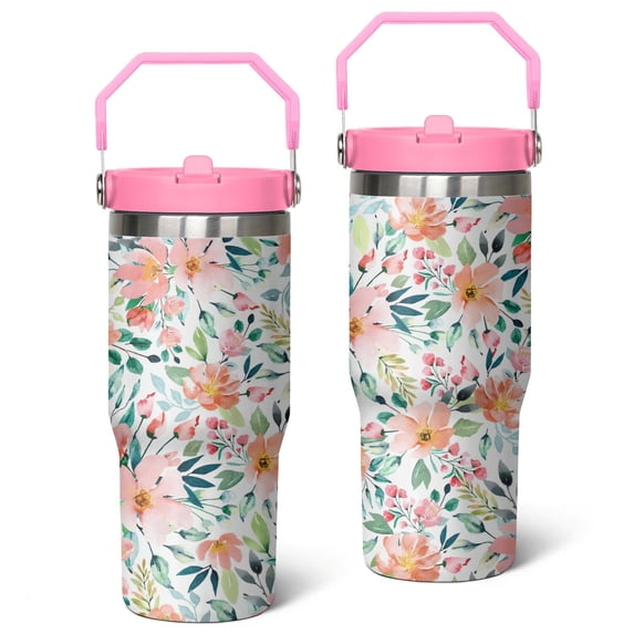 30oz Leaves Multicolored Flower Stainless Steel Tumbler with Top Handle,Colorful Floral Vintage Travel Coffee Mug Flip Straw Cup,Gifts for Women Girls Men Adults(pink)