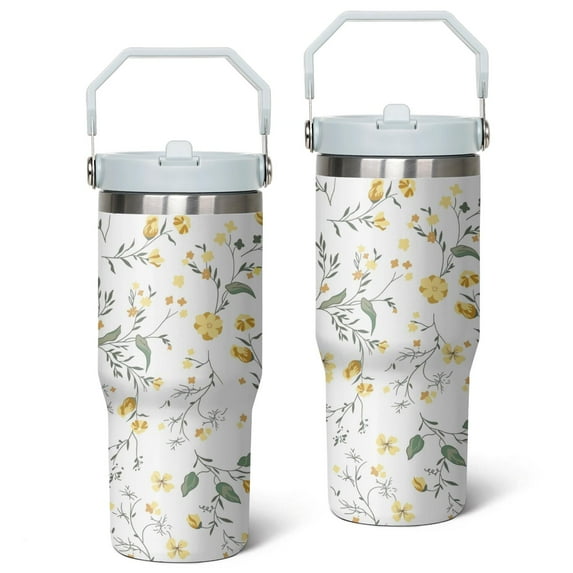 30oz Leaves Multicolored Flower Stainless Steel Tumbler with Top Handle,Colorful Floral Vintage Travel Travel Coffee Mug Flip Straw Cup,Gifts for Women Girls Men Adults(white)