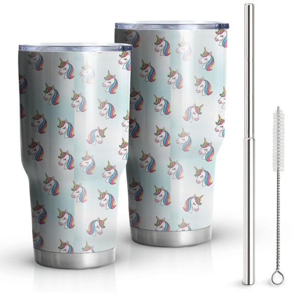 30oz Light Blue Cartoon Unicorn Head Pattern Tumblers Stainless Steel Tumbler with Lid and Straw,Vacuum Insulated Double Wall Travel Tumbler Cups Mug with Cleaning Brush for Coffee,Tea