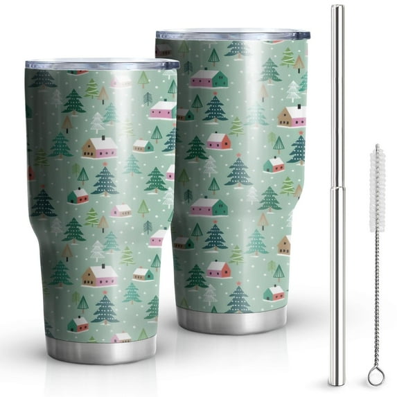 30oz Light Green Christmas Village Pattern Tumblers Stainless Steel Tumbler with Lid and Straw,Vacuum Insulated Double Wall Travel Tumbler Cups Mug with Cleaning Brush for Coffee,Tea