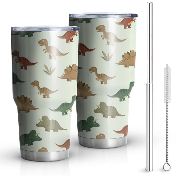 30oz Light Green Dinosaurs Plants Pattern Tumblers Stainless Steel Tumbler with Lid and Straw,Vacuum Insulated Double Wall Travel Tumbler Cups Mug with Cleaning Brush for Coffee,Tea