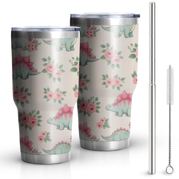 30oz LightColor Cartoon Dinosaurs Flowers Pattern Tumblers Stainless Steel Tumbler with Lid and Straw,Vacuum Insulated Double Wall Travel Tumbler Cups Mug with Cleaning Brush for Coffee,Tea