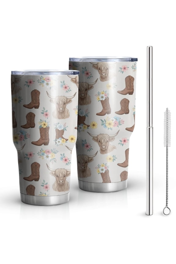 30oz Lightgray Highland Cow Boot Flower Pattern Tumblers Stainless Steel Tumbler with Lid and Straw,Vacuum Insulated Double Wall Travel Tumbler Cups Mug with Cleaning Brush for Coffee,Tea
