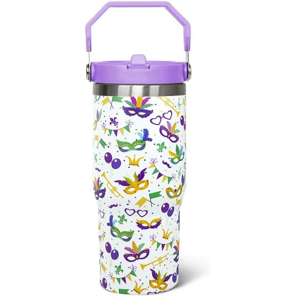 30oz Mardi Gras Tumbler with Handle, Lid & Straw - Insulated Travel Mug, Reusable Water Bottle - Fat Tuesday Party Decor, Gift for Women