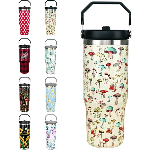 30oz Mashroom Tumbler with Handle and Straw, Stainless Steel Vacuum Insulated Flip Straw 30 oz Boho Coffee Tumbler, Spill Proof Travel Mug, Mashroom Decor Gifts for Women