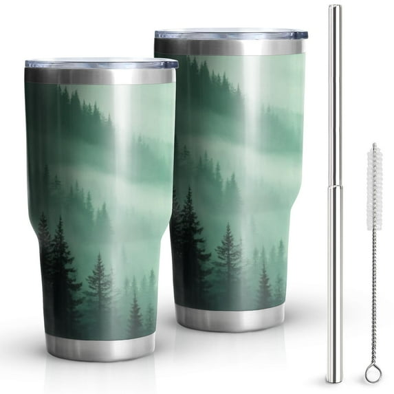 30oz Misty Forest Landscape Tumblers Stainless Steel Tumbler with Lid and Straw,Vacuum Insulated Double Wall Travel Tumbler Cups Mug with Cleaning Brush for Coffee,Tea