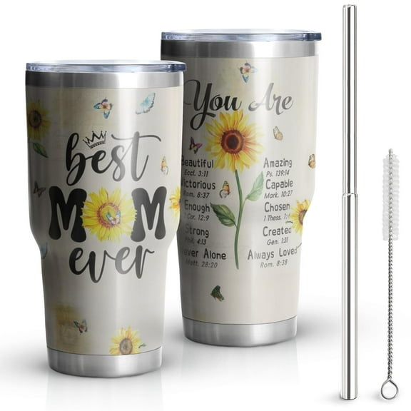 30oz Mothers Day Tumbler Stainless Steel Vacuum Insulated Travel Coffee Mug with Splash-Proof Lid Metal Straw White