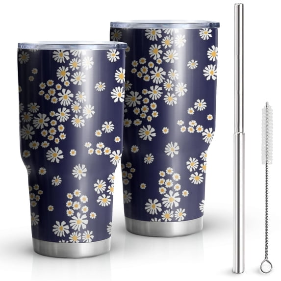 30oz Navy Daisy Flower Pattern Tumblers Stainless Steel Tumbler with Lid and Straw,Vacuum Insulated Double Wall Travel Tumbler Cups Mug with Cleaning Brush for Coffee,Tea