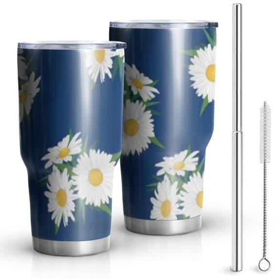 30oz Navy Daisy Flower White Blooms Pattern Tumblers Stainless Steel Tumbler with Lid and Straw,Vacuum Insulated Double Wall Travel Tumbler Cups Mug with Cleaning Brush for Coffee,Tea