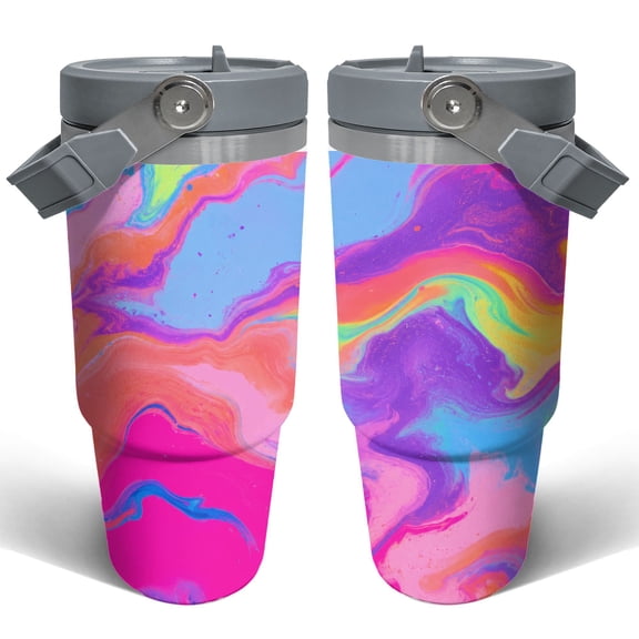 30oz Neon Abstract Fluid Marble Bright Rainbow Swirl Insulated Tumbler with Handle and Straw Travel Cup Car Cup