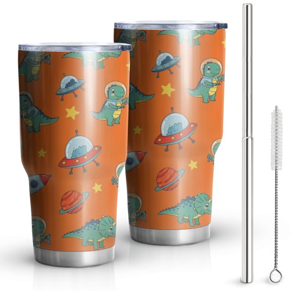 30oz Orange Cartoon Dinosaurs Rockets Planets Pattern Tumblers Stainless Steel Tumbler with Lid and Straw,Vacuum Insulated Double Wall Travel Tumbler Cups Mug with Cleaning Brush for Coffee,Tea