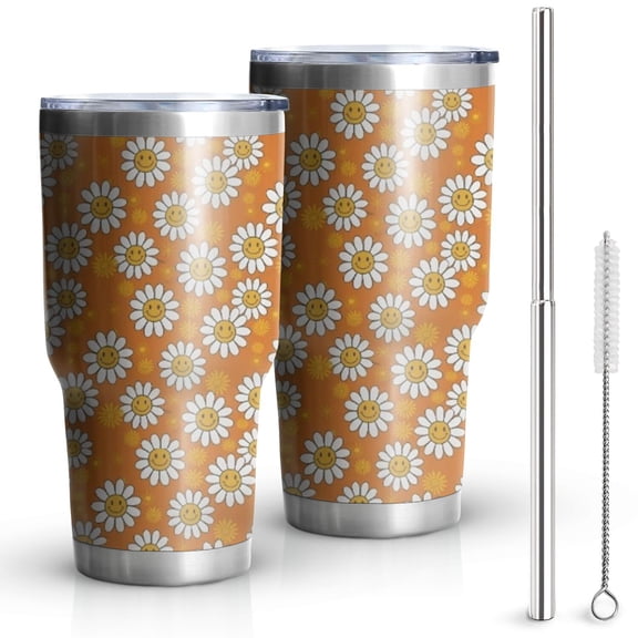 30oz Orange Daisy Flower Smiley Faces Pattern Tumblers Stainless Steel Tumbler with Lid and Straw,Vacuum Insulated Double Wall Travel Tumbler Cups Mug with Cleaning Brush for Coffee,Tea