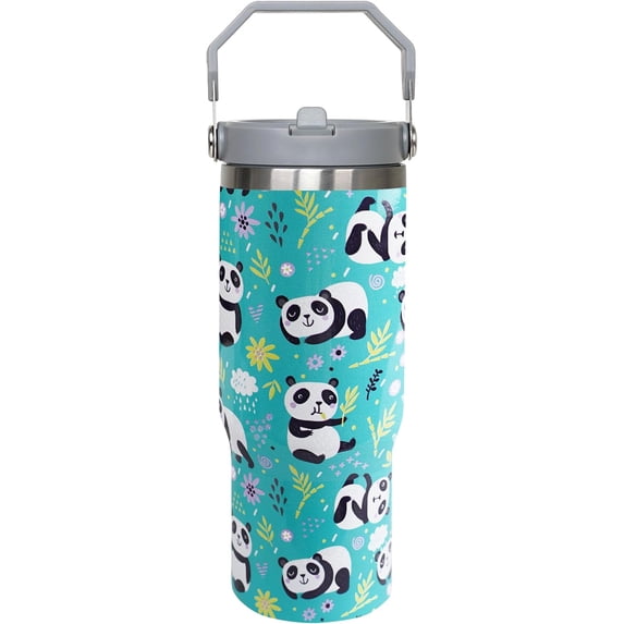 30oz Panda Tumbler with Handle and Straw, Cute Panda Insulated Leak Proof Travel Coffee Mug, Reusable Stainless Steel Tumbler for Panda Lovers, Panda Gifts for Women,Girls