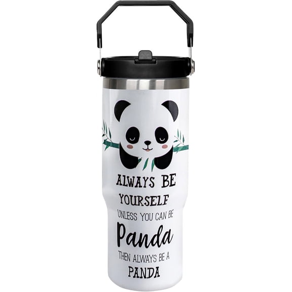 30oz Panda Tumbler with Handle and Straw, Panda Insulated Leak Proof Travel Coffee Mug, Reusable Stainless Steel Tumbler for Panda Lovers, Panda Gifts for Women,Girls
