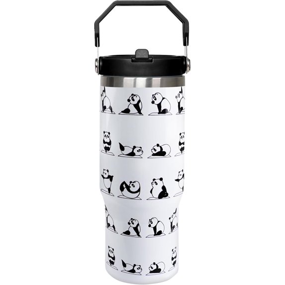 30oz Panda Tumbler with Handle and Straw, Yoga Panda Insulated Leak Proof Travel Coffee Mug, Reusable Stainless Steel Tumbler for Panda Lovers, Panda Gifts for Women,Girls
