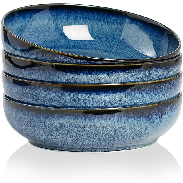 30oz Pasta bowls set - 8" serving bowls - salad bowl set of 4 - Large ceramic Dinner bowls - Microwave safe Perfect for Housewarming, Thanksgiving, Christmas-Royal Blue