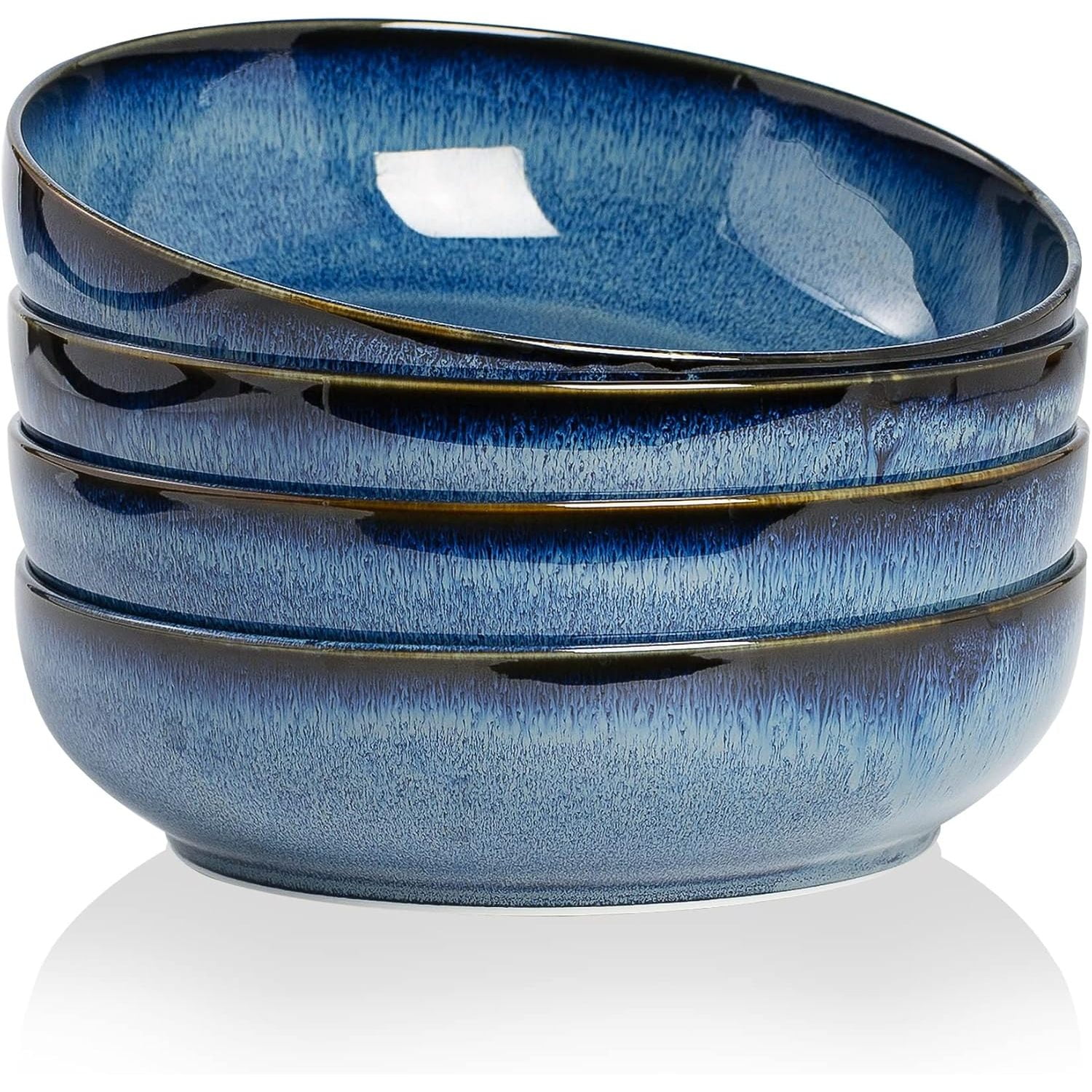 Set Of 4 Ceramic Pasta Bowls - 45 Oz, 8.5 Inch Wide, Vintage Blue Floral Design