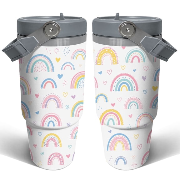 30oz Pastel Rainbow Travel Tumbler with Handle Cute Boho Rainbow Insulated Car Cup Gift for Women Girls 30oz Stainless Steel Coffee Cup