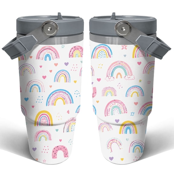 30oz Pastel Rainbow Travel Tumbler with Handle Cute Boho Rainbow Insulated Car Cup Gift for Women Kids Colorful Coffee Cup Stainless Steel Travel Cup