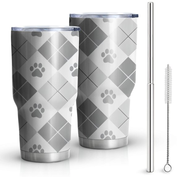 30oz Pawprints Argyle Tumblers Stainless Steel Tumbler with Lid and Straw,Vacuum Insulated Double Wall Travel Tumbler Cups Mug with Cleaning Brush for Coffee,Tea