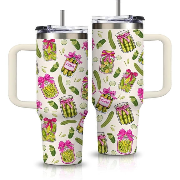 30oz Pickle Tumbler with Handle and Straws, Stainless Steel Insulated Travel Mug, Leak-Proof Cup Gifts for Pickle Lovers,Women, Girls, Birthday, Christmas, and Daily Use
