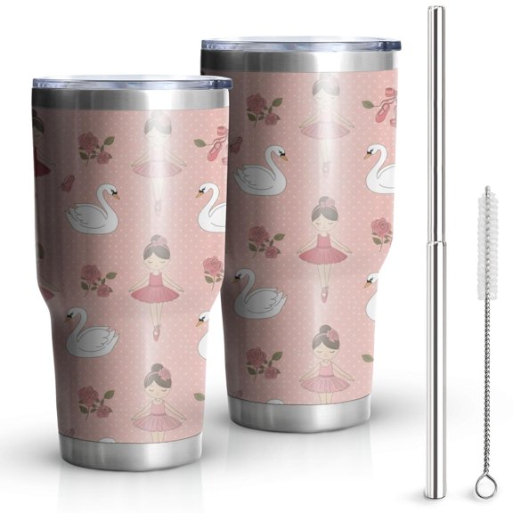 30oz Pink Ballerina Swan Pattern Tumblers Stainless Steel Tumbler with Lid and Straw,Vacuum Insulated Double Wall Travel Tumbler Cups Mug with Cleaning Brush for Coffee,Tea