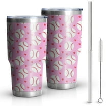 30oz Pink Baseballs Pattern Tumblers Stainless Steel Tumbler with Lid and Straw,Vacuum Insulated Double Wall Travel Tumbler Cups Mug with Cleaning Brush for Coffee,Tea