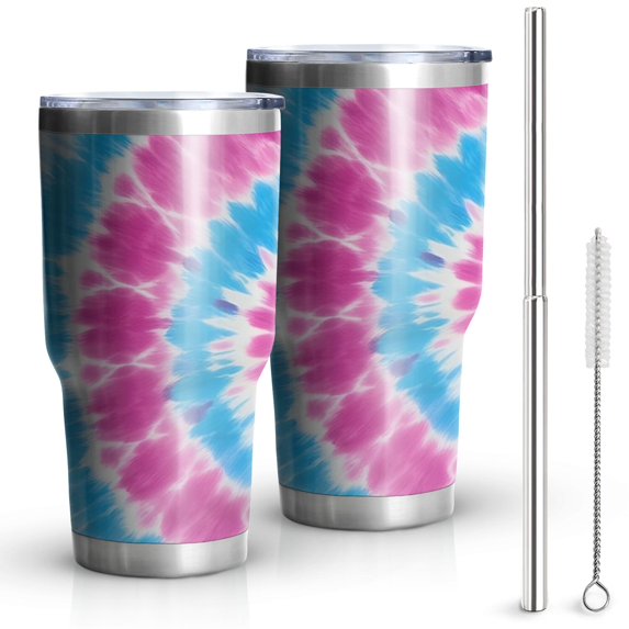 30oz Pink Blue Tie Dye Spiral Tumblers Stainless Steel Tumbler with Lid and Straw,Vacuum Insulated Double Wall Travel Tumbler Cups Mug with Cleaning Brush for Coffee,Tea