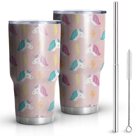 30oz Pink Cartoon Unicorn Lightning Pattern Tumblers Stainless Steel Tumbler with Lid and Straw,Vacuum Insulated Double Wall Travel Tumbler Cups Mug with Cleaning Brush for Coffee,Tea