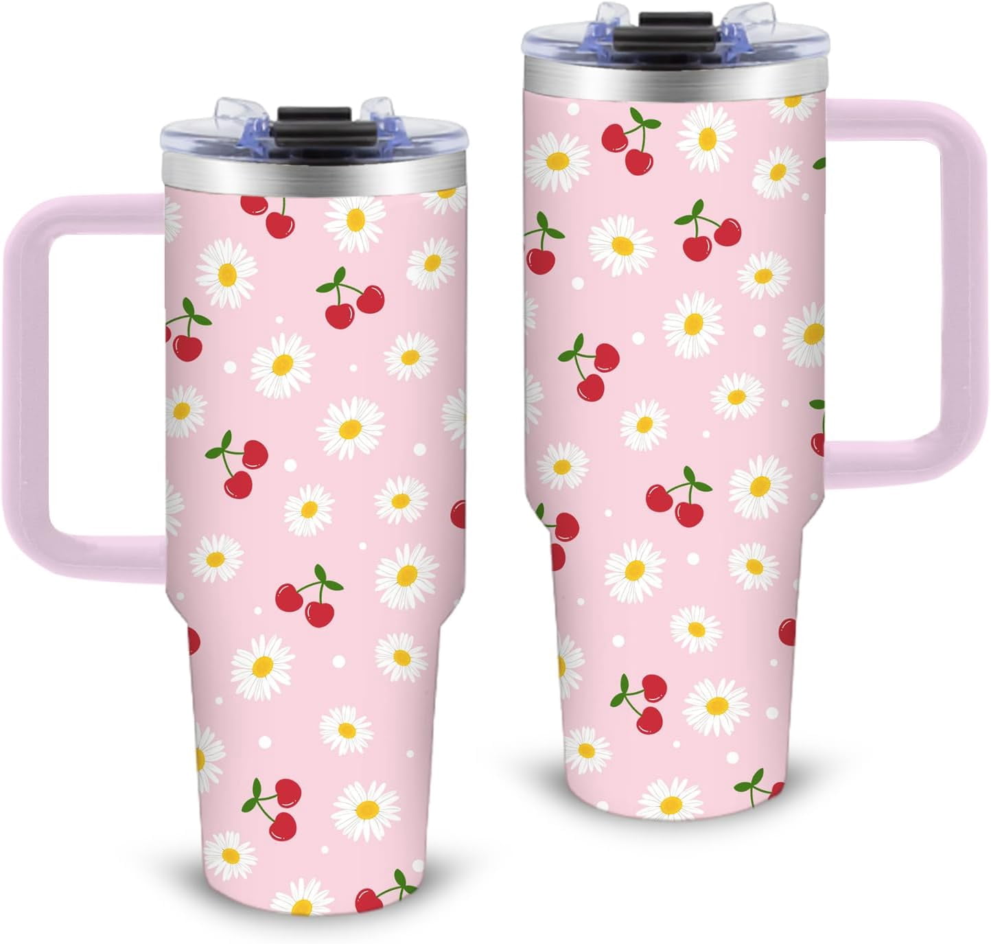 30oz Pink Cherry Daisy Tumbler with Handle and Straws Stainless Steel Insulated Travel Coffee Mugs, Leak-Proof Cherry Cups for Cherries Lover Birthday Christmas Gifts Water Bottle