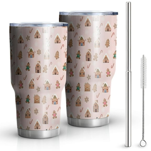 30oz Pink Christmas Gingerbread House Pattern Tumblers Stainless Steel Tumbler with Lid and Straw,Vacuum Insulated Double Wall Travel Tumbler Cups Mug with Cleaning Brush for Coffee,Tea