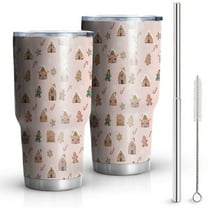 30oz Pink Christmas Gingerbread House Pattern Tumblers Stainless Steel Tumbler with Lid and Straw,Vacuum Insulated Double Wall Travel Tumbler Cups Mug with Cleaning Brush for Coffee,Tea