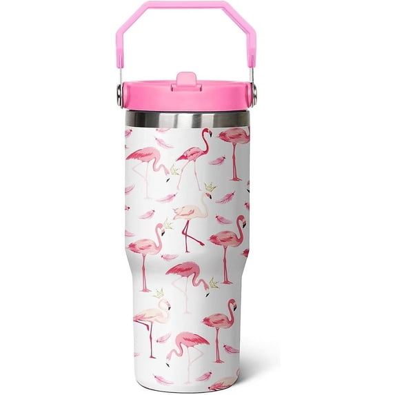 30oz Tumbler Leakproof with Straw & Lid, Pink Flamingo Design, Stylish Insulated Cup - Perfect Gift for Women