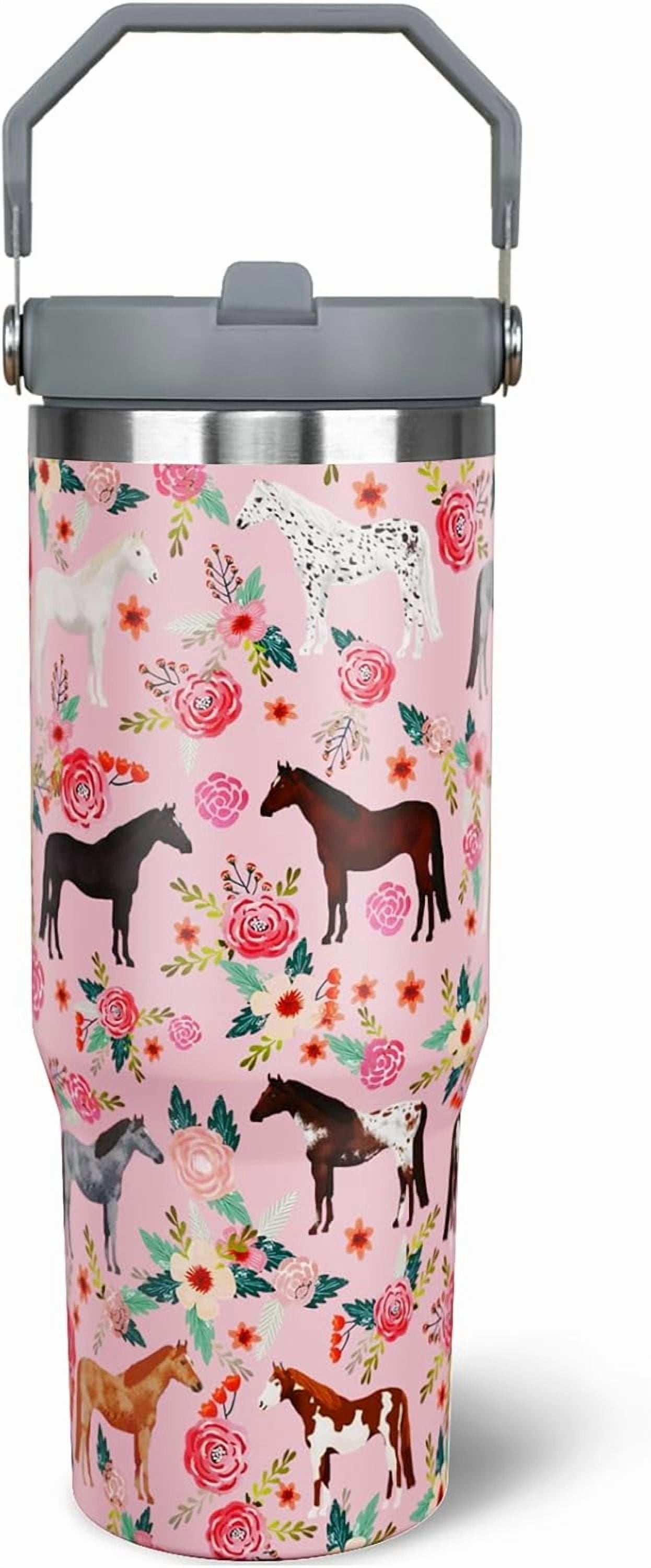 30oz Pink Floral Horse Tumbler with Handle & Flip Straw - Vacuum Insulated Stainless Steel Water Bottle, Leakproof Travel Mug - Gift for Equestrian, Women, Girls - Use for Home, Office, Car, Outdoors