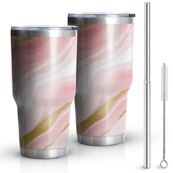 30oz Pink and Gold Marble Texture Tumblers Stainless Steel Tumbler with Lid and Straw,Vacuum Insulated Double Wall Travel Tumbler Cups Mug with Cleaning Brush for Coffee,Tea
