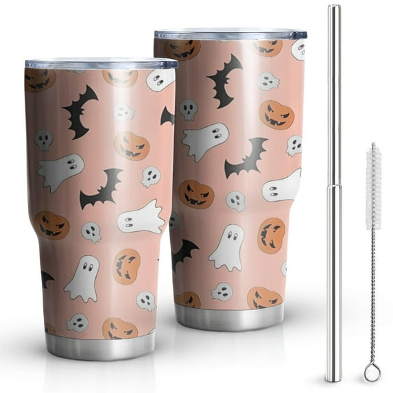 30oz Pink Halloween Ghosts Bats and Pumpkins Tumblers Stainless Steel Tumbler with Lid and Straw,Vacuum Insulated Double Wall Travel Tumbler Cups Mug with Cleaning Brush for Coffee,Tea