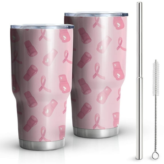 30oz Pink Ribbon Pattern Tumblers Stainless Steel Tumbler with Lid and Straw,Vacuum Insulated Double Wall Travel Tumbler Cups Mug with Cleaning Brush for Coffee,Tea