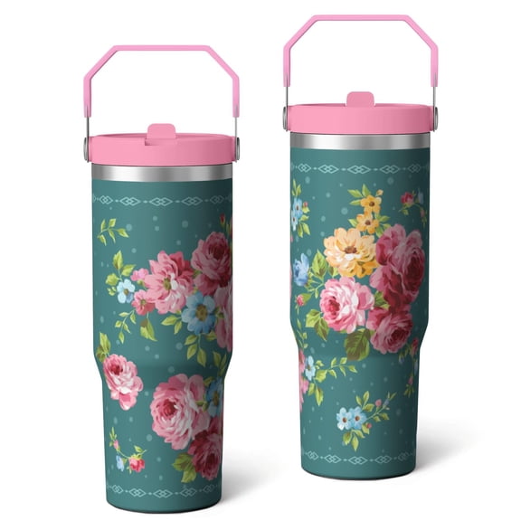 30oz Pioneer Colorful Floral Stainless Steel Flip Straw Tumbler with Lid and Straw Spill Proof Travel Cup Double Wall Vacuum Insulated Coffee Mug with Top Handled Pink