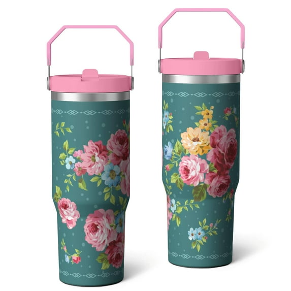 30oz Pioneer Colorful Floral Stainless Steel Flip Straw Tumbler with Lid and Straw Spill Proof Travel Cup Double Wall Vacuum Insulated Coffee Mug with Top Handled Pink