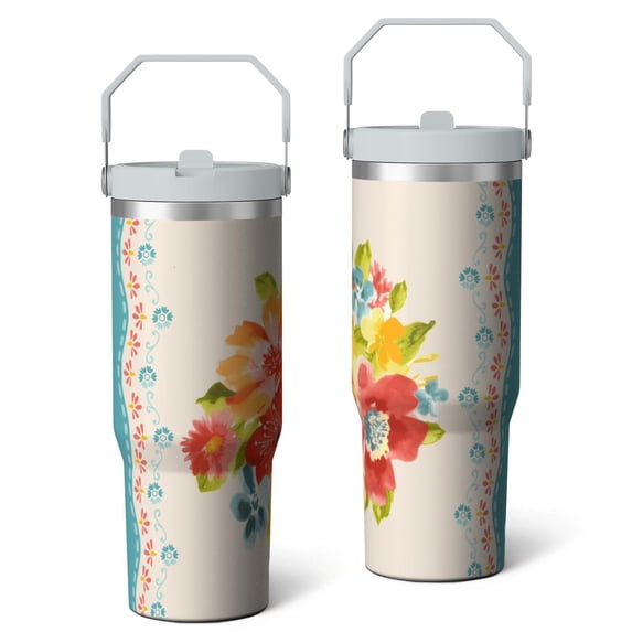 30oz Pioneer Colorful Floral Stainless Steel Flip Straw Tumbler with Lid and Straw Spill Proof Travel Cup Double Wall Vacuum Insulated Coffee Mug with Top Handled White