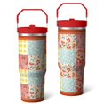 thumbnail image 1 of 30oz Pioneer Colorful Floral Stainless Steel Flip Straw Tumbler with Lid and Straw Spill Proof Travel Cup Double Wall Vacuum Insulated Coffee Mug with Top Handled Crimson, 1 of 7