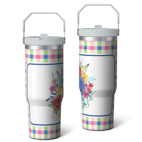 30oz Pioneer Colorful Floral Stainless Steel Flip Straw Tumbler with Lid and Straw Spill Proof Travel Cup Double Wall Vacuum Insulated Coffee Mug with Top Handled White