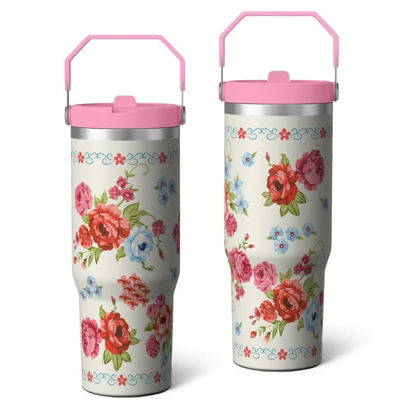 30oz Pioneer Colorful Floral Stainless Steel Flip Straw Tumbler with Lid and Straw Spill Proof Travel Cup Double Wall Vacuum Insulated Coffee Mug with Top Handled Pink