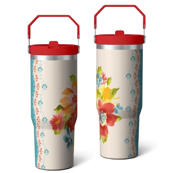 30oz Pioneer Colorful Floral Stainless Steel Flip Straw Tumbler with Lid and Straw Spill Proof Travel Cup Double Wall Vacuum Insulated Coffee Mug with Top Handled Crimson